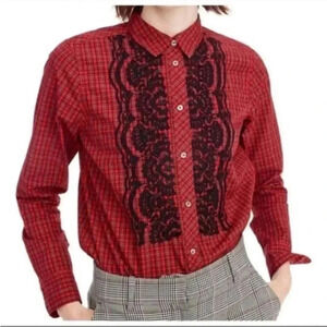 J. Crew Sequin Red Gali Embellished Plaid Shirt Button Down Shirt Blouse Size 2